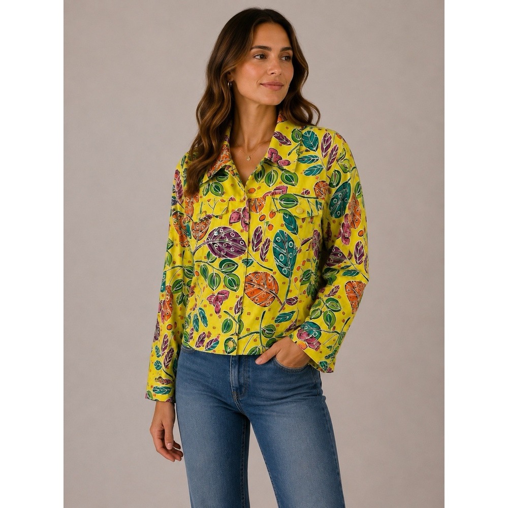 Redd Jeans Yellow Aloha Jacket Womens 6 Vintage Tropical Zip Up Hawaiian Boho